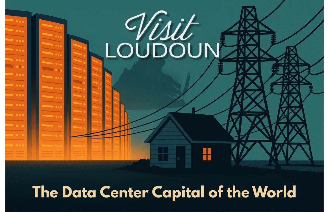 Satirical 'Visit Loudoun — The Data Center Capital of the World' image showing data centers and towers next to a small home